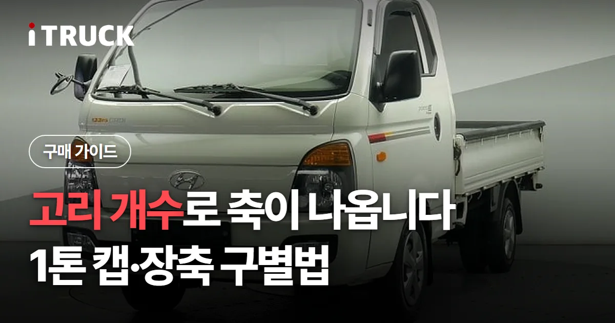 고리 개수로 축이 나옵니다, 1톤 캡·장축 구별법 문구가 얹힌 흰색 현대 포터 1톤 카고 사진