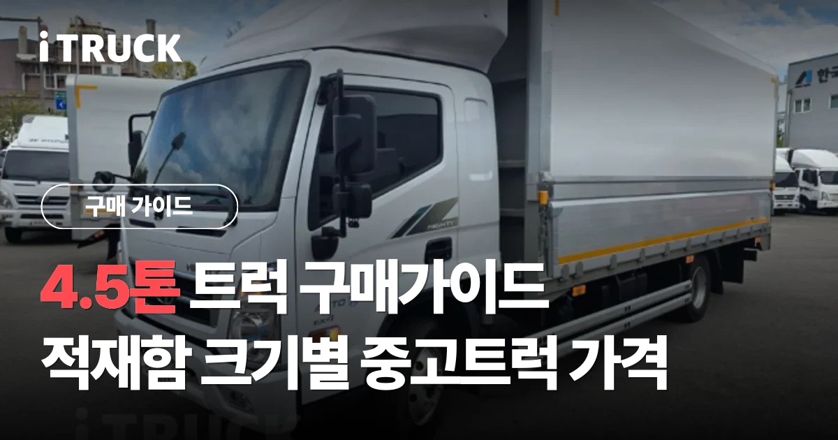 4.5톤 트럭 구매가이드, 적재함 크기별 중고트럭 가격 문구가 얹힌 흰색 현대 올뉴마이티 4톤 윙바디 전측면 사진