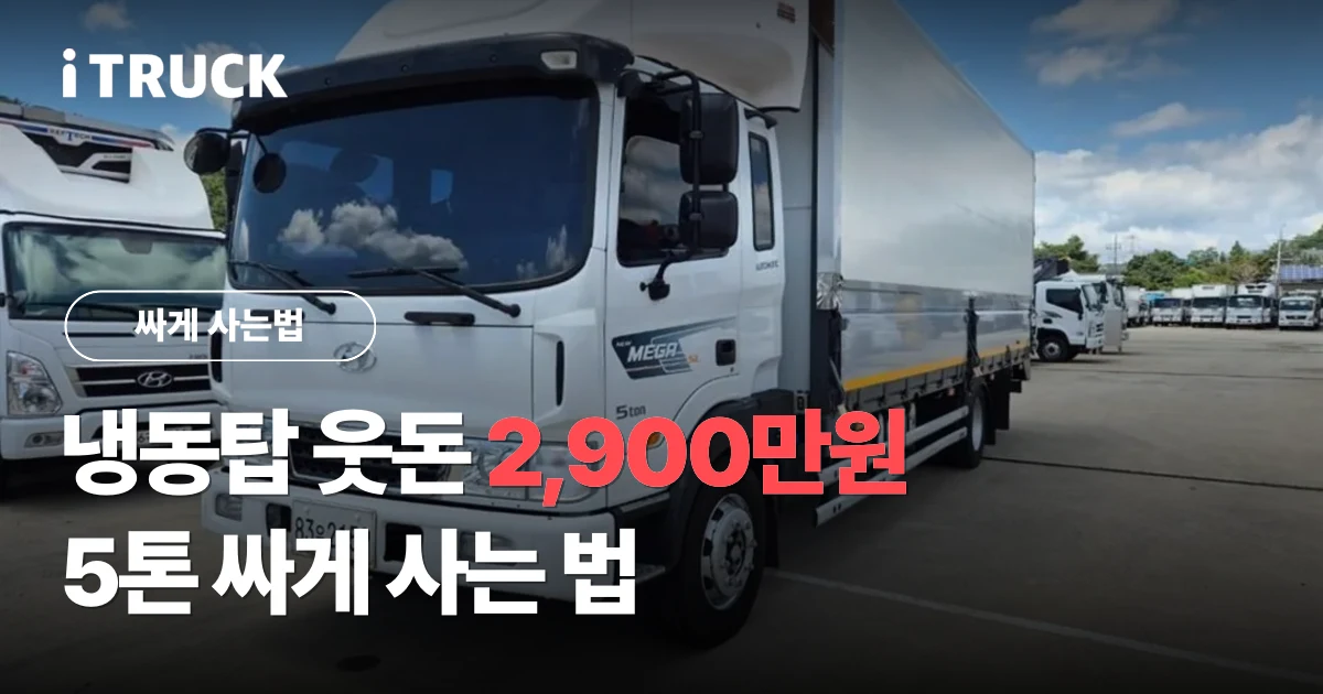 냉동탑 웃돈 2,900만원, 5톤 싸게 사는 법 문구가 얹힌 흰색 현대 메가트럭 5톤 윙바디 사진