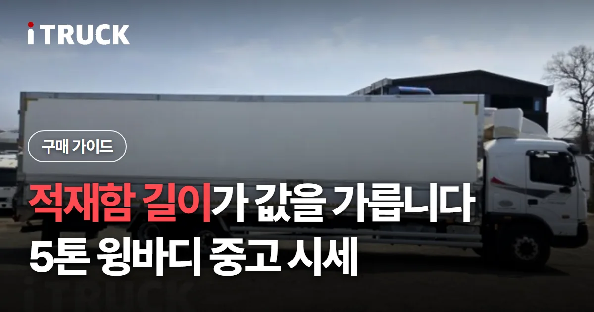 적재함 길이가 값을 가릅니다, 5톤 윙바디 중고 시세 문구가 얹힌 흰색 5톤 윙바디 측면 사진