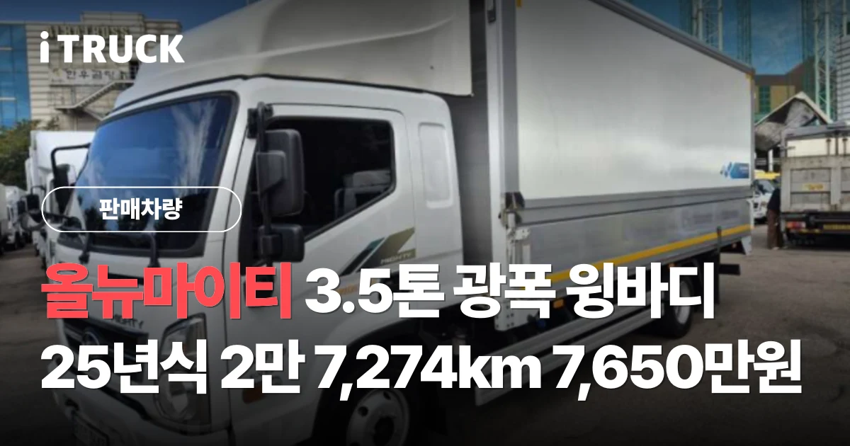 올뉴마이티 3.5톤 광폭 윙바디 25년식 2만 7,274km 7,650만원 문구가 얹힌 흰색 현대 올뉴마이티 광폭 윙바디 좌측 전측면 사진