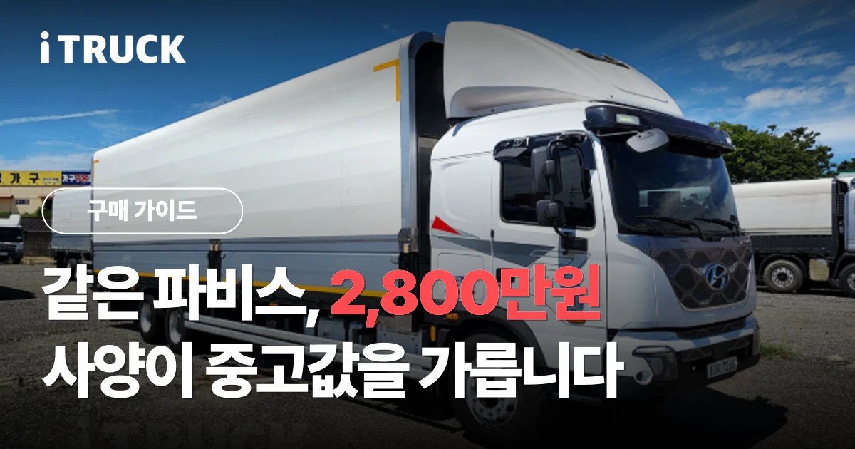 같은 파비스, 2,800만원 사양이 중고값을 가릅니다 문구가 얹힌 흰색 현대 파비스 325 냉장윙 전측면 사진