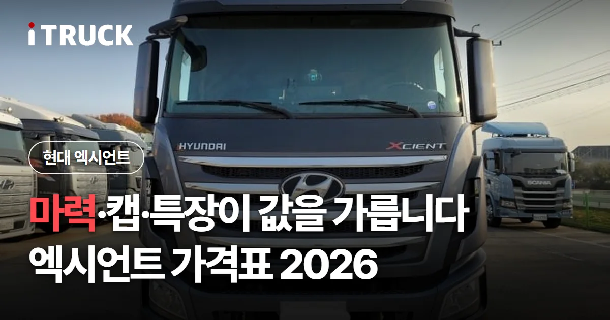 마력·캡·특장이 값을 가릅니다, 엑시언트 가격표 2026 문구가 얹힌 짙은 회색 현대 엑시언트 정면 사진