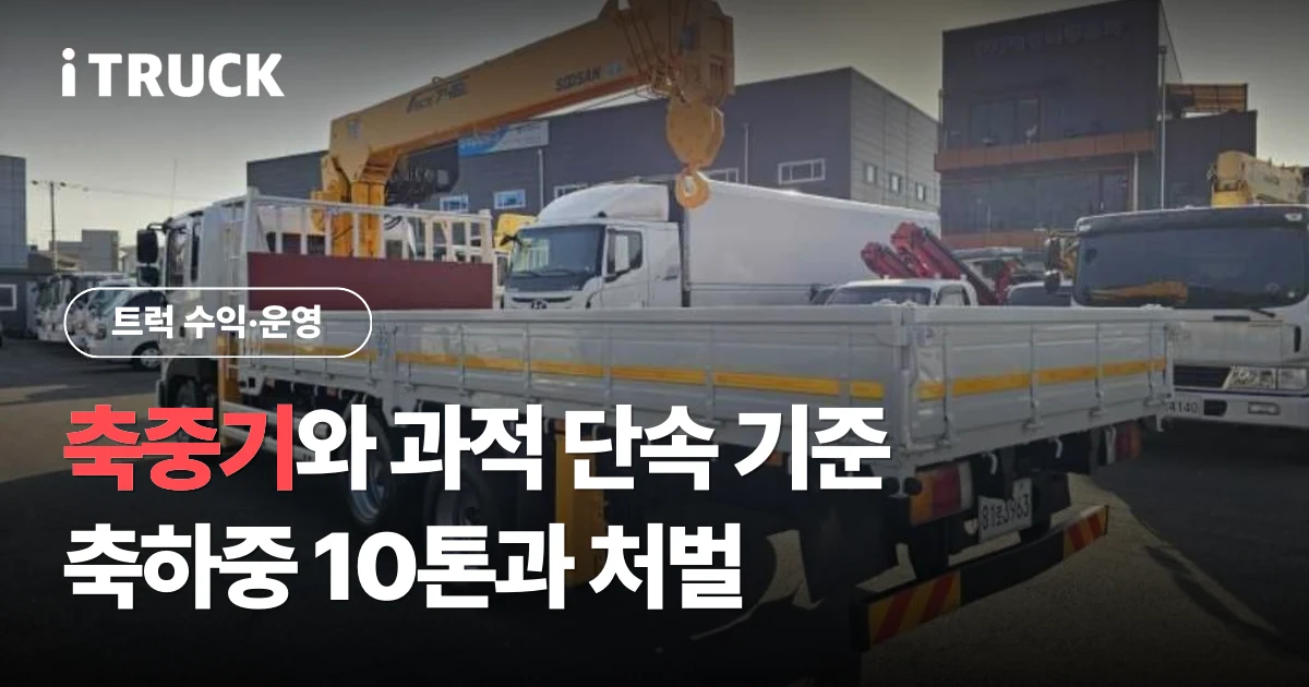 축중기와 과적 단속 기준, 축하중 10톤과 처벌 문구가 얹힌 카고크레인 화물차 적재함 측면 사진