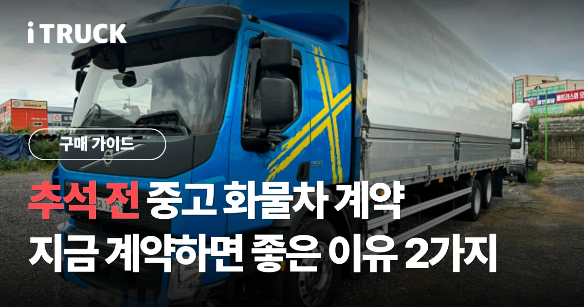 추석 전 중고 화물차 계약, 지금 계약하면 좋은 이유 2가지 문구가 얹힌 파란색 볼보 FE 350 윙바디 사진