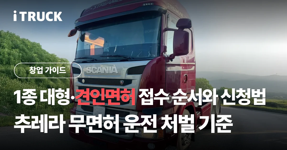 1종 대형·견인면허 접수 순서와 신청법: 추레라 무면허 운전 처벌 기준 문구가 얹힌 빨간 스카니아 R 450 추레라 정면 사진
