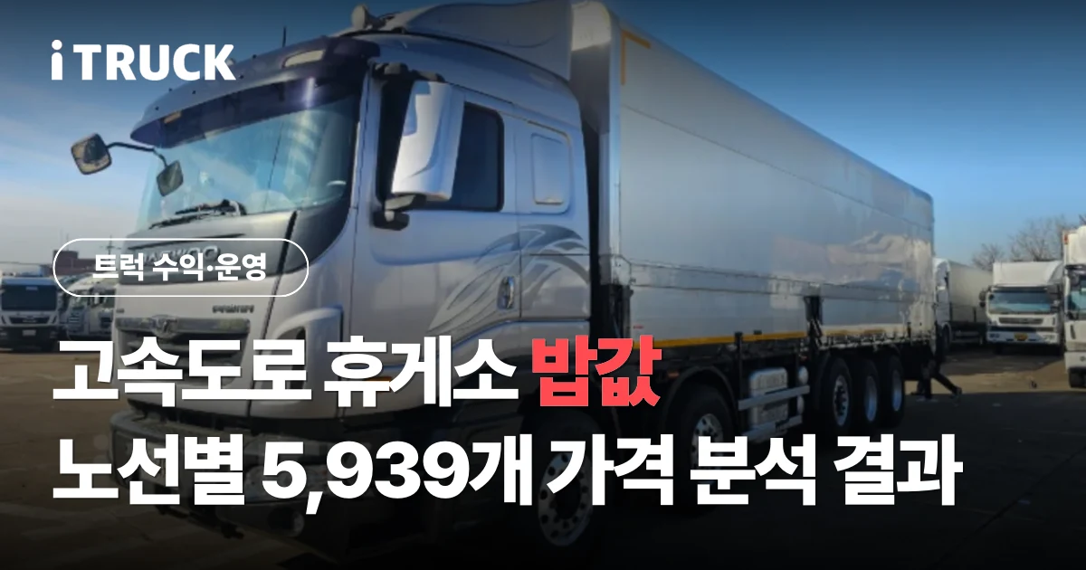 고속도로 휴게소 밥값: 노선별 5,939개 가격 분석 결과 문구가 얹힌 회색 현대 엑시언트 540 카고 사진