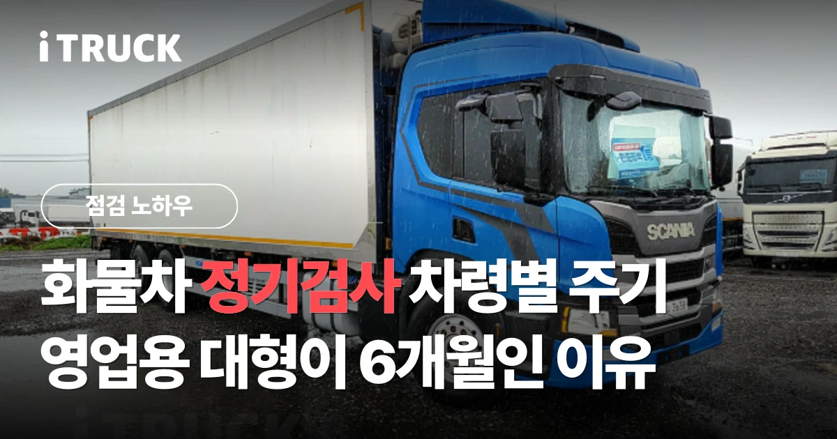 화물차 정기검사, 차령별 주기와 영업용 대형이 6개월인 이유 문구가 얹힌 파란색 스카니아 P 360 냉동윙 전측면 사진