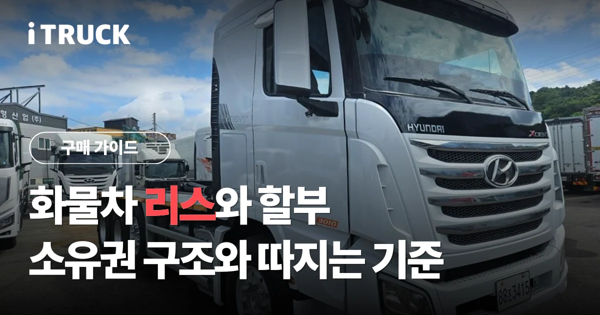 화물차 리스와 할부, 소유권 구조와 따지는 기준 문구가 얹힌 현대 엑시언트 암롤 전측면 사진