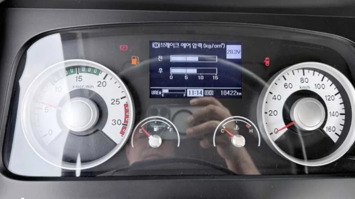 연료 게이지 바늘이 E 근처에 있고 연료 경고등이 켜진 현대 메가트럭 계기판, 요소수 게이지와 주행거리 10,422km가 함께 보인다