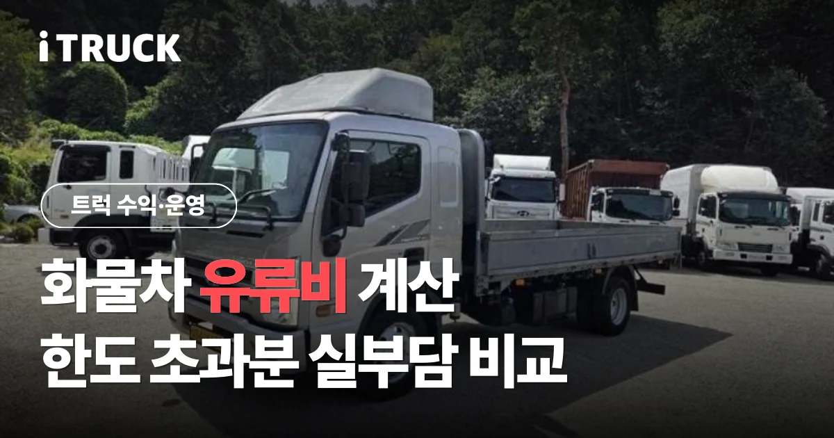 화물차 유류비 계산, 한도 초과분 실부담 비교 문구가 얹힌 회색 현대 올뉴마이티 카고 전측면 사진