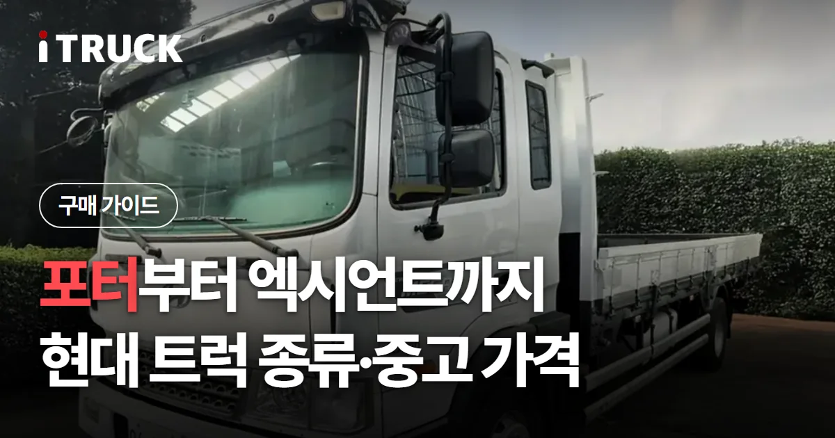 포터부터 엑시언트까지, 현대 트럭 종류·중고 가격 문구가 얹힌 흰색 현대 메가트럭 카고 사진