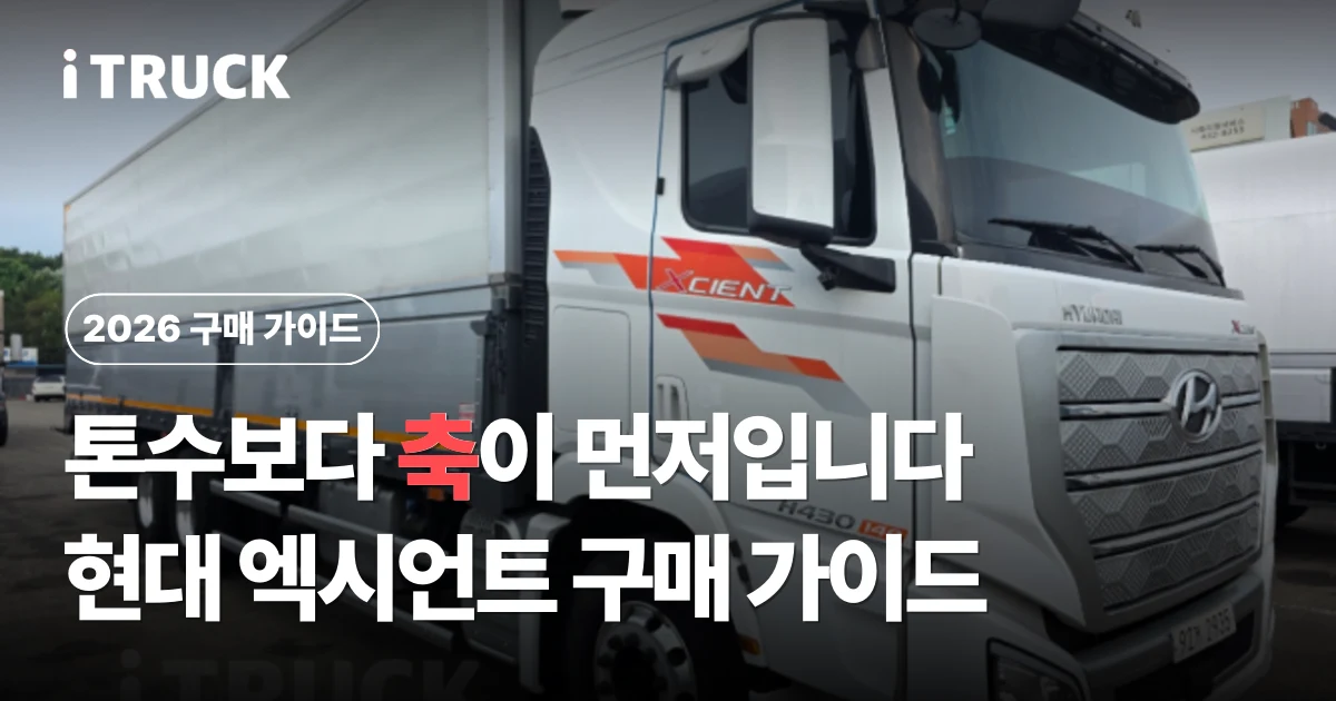 톤수보다 축이 먼저입니다, 현대 엑시언트 구매 가이드 문구가 얹힌 흰색 현대 엑시언트 윙바디 사진