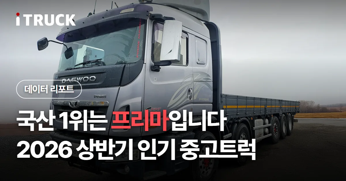 국산 1위는 프리마입니다, 2026 상반기 인기 중고트럭 문구가 얹힌 은색 타타대우 프리마 25톤 카고 사진