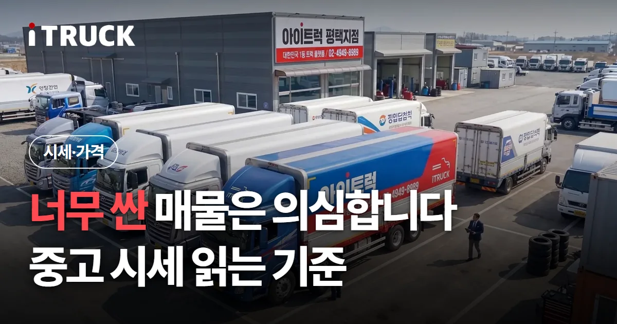 너무 싼 매물은 의심합니다, 중고 시세 읽는 기준 문구가 얹힌 아이트럭 평택지점 전시장 전경 사진