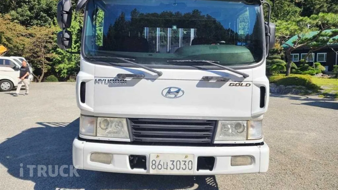 앞 범퍼에 등록번호판이 달린 흰색 현대 메가트럭 정면