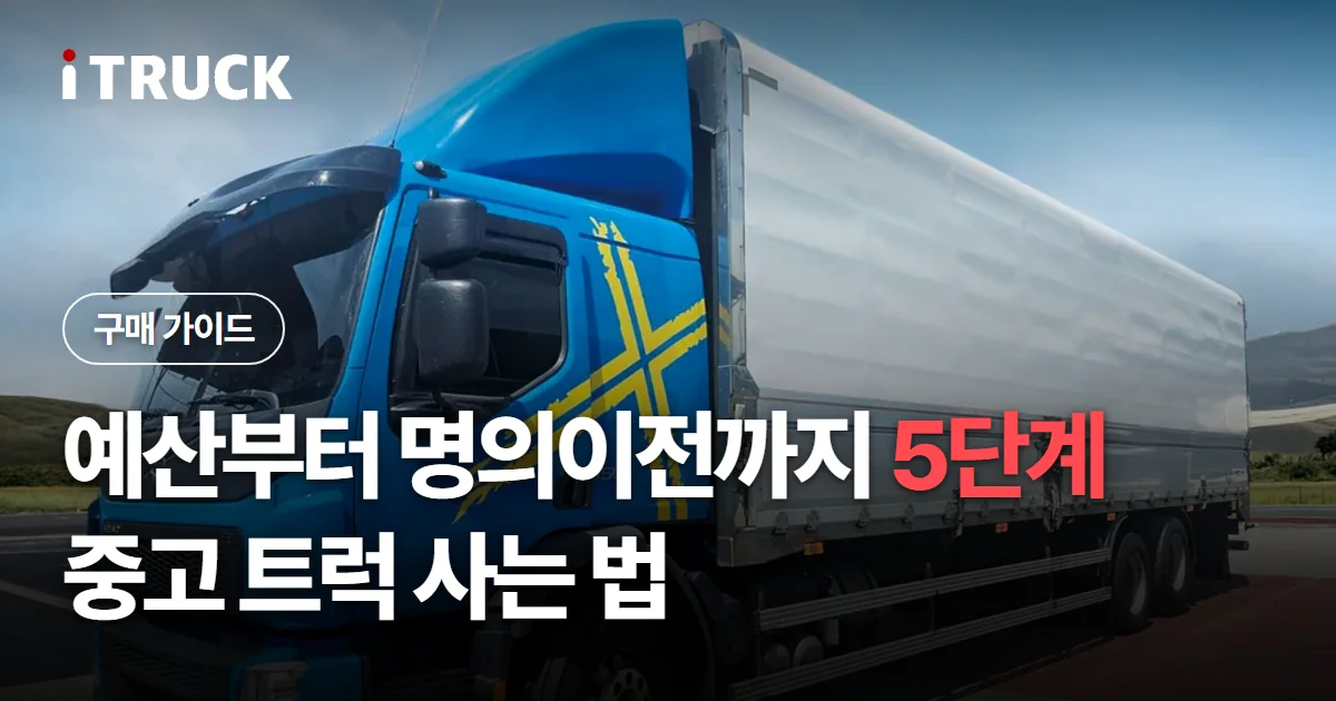 예산부터 명의이전까지 5단계, 중고 트럭 사는 법 문구가 얹힌 파란색 볼보 FE 윙바디 사진