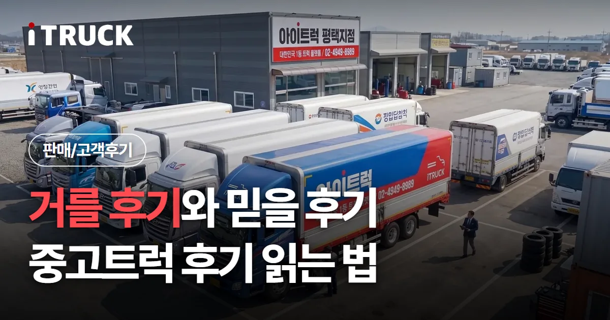 거를 후기와 믿을 후기, 중고트럭 후기 읽는 법 문구가 얹힌 아이트럭 평택지점 전시장 전경 사진