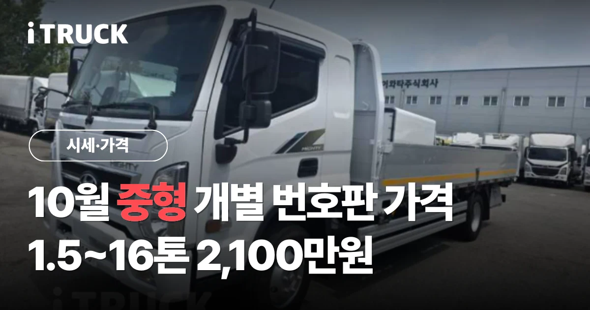 10월 중형 개별 영업용 번호판 가격 1.5~16톤 2,100만원 문구가 얹힌 흰색 현대 올뉴마이티 4톤 광폭 카고 트럭 사진