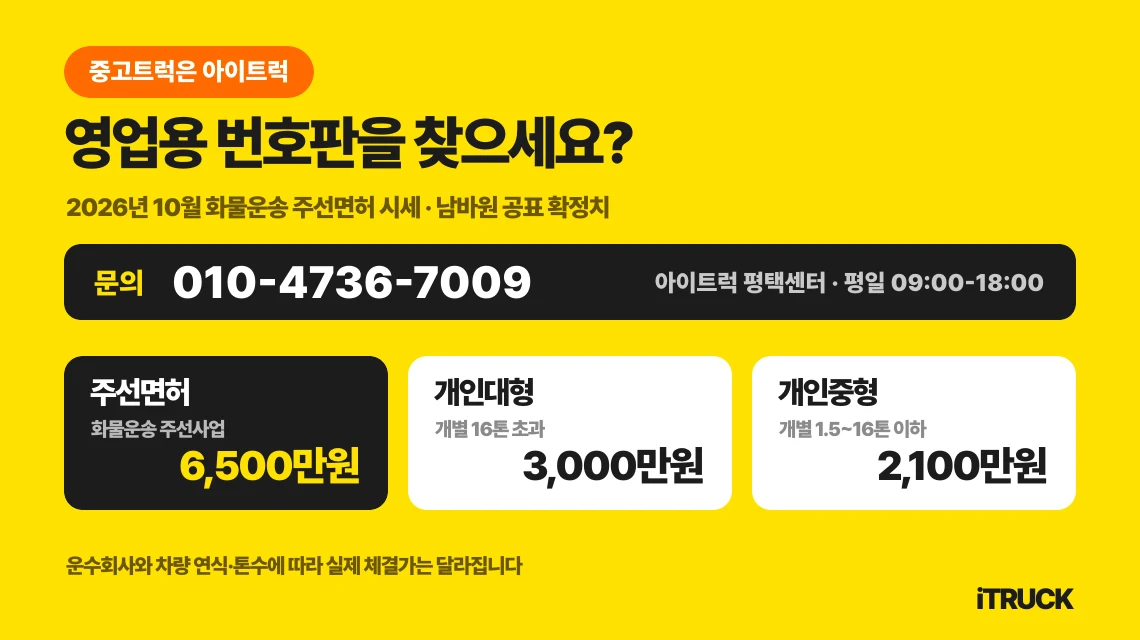 2026년 10월 화물운송 주선면허 6,500만원을 앞세우고 개인대형 3,000만원·개인중형 2,100만원을 함께 적은 아이트럭 시세 안내, 문의 010-4736-7009