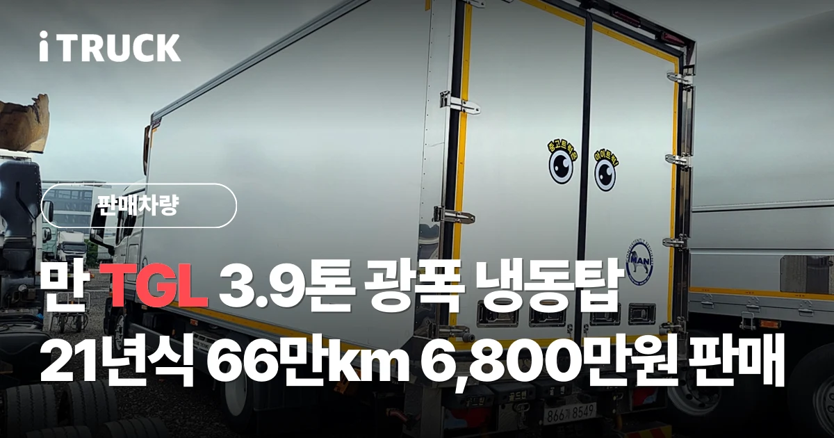 만 TGL 3.9톤 광폭 냉동탑, 21년식 66만km 6,800만원 판매 문구가 얹힌 흰색 만 TGL 냉동탑 우측 후측면 사진