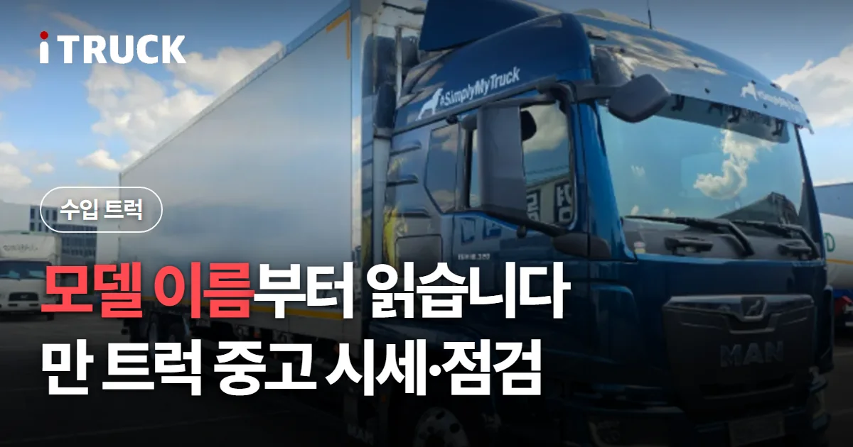 모델 이름부터 읽습니다, 만 트럭 중고 시세·점검 문구가 얹힌 남색 만 TGM 윙바디 사진