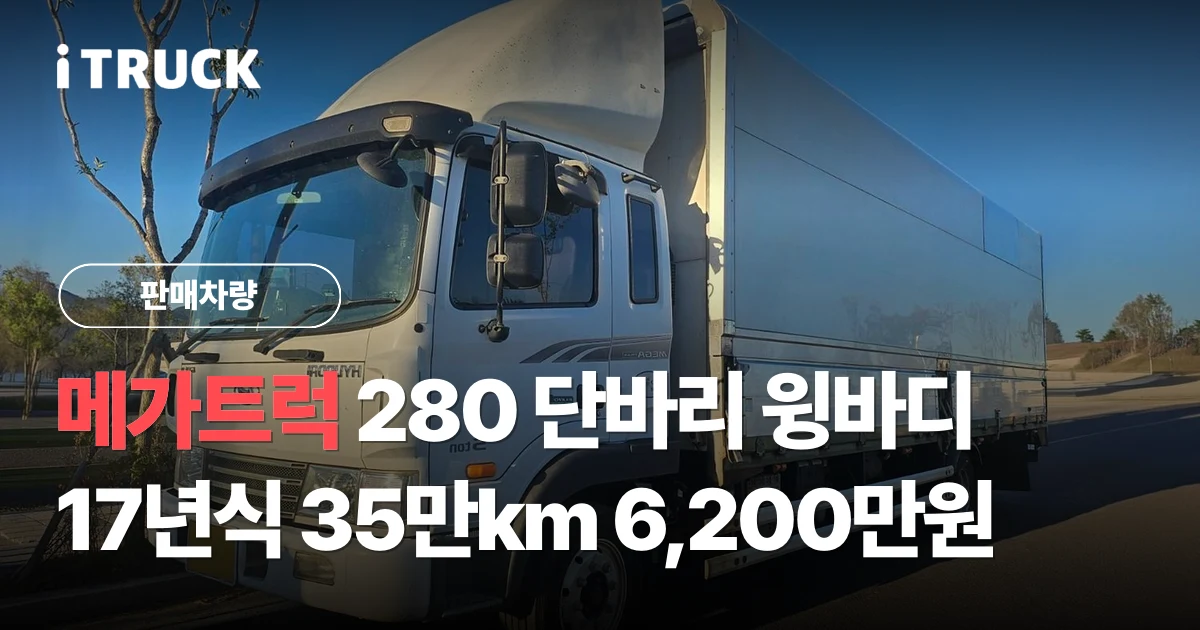 현대 메가트럭 280 5톤 단바리 윙바디, 17년식 35만km 6,200만원 판매 문구가 얹힌 좌측 앞에서 본 메가트럭 캡과 윙바디 적재함