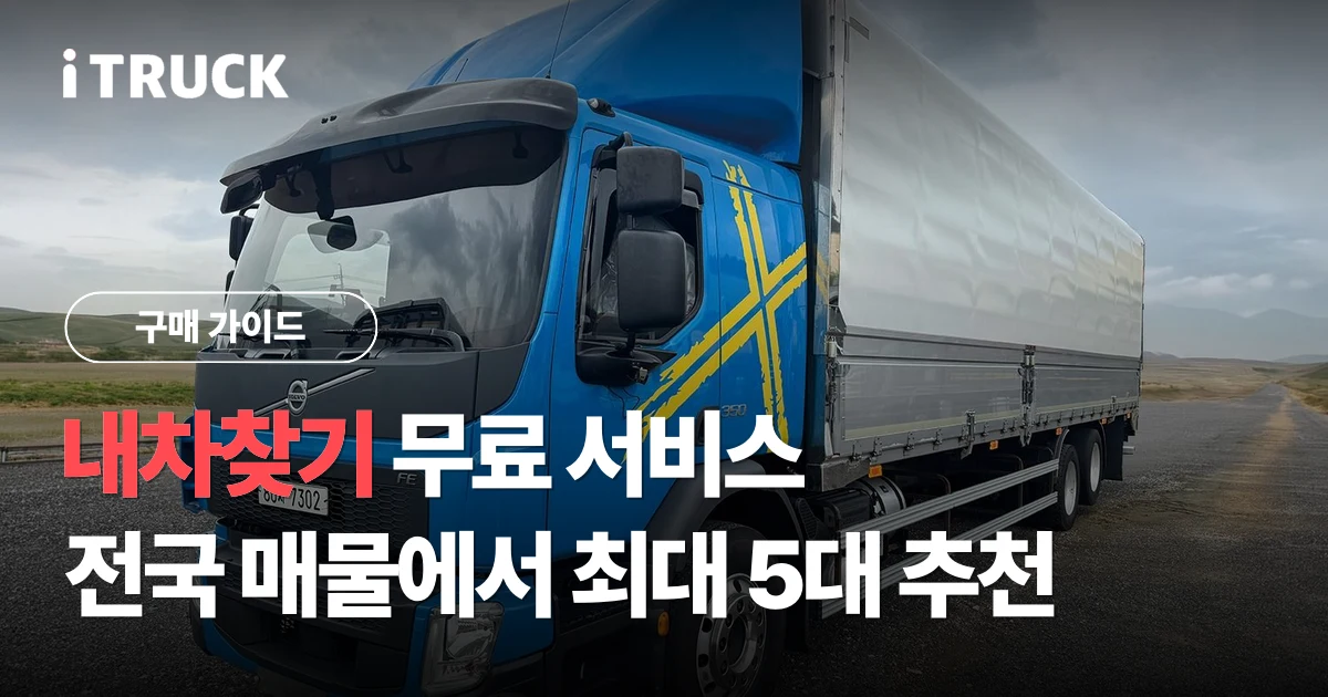 내차찾기 무료 서비스, 조건만 남기면 전국 매물에서 받는 최대 5대 추천 문구가 얹힌 파란색 볼보 FE 윙바디 전측면 사진