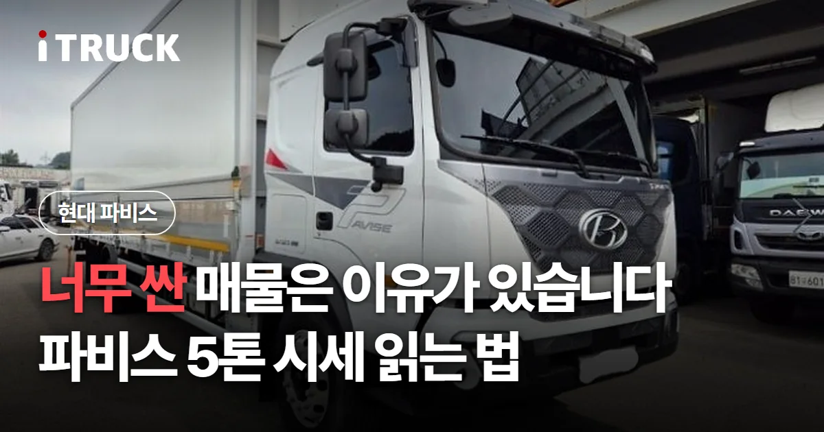 너무 싼 매물은 이유가 있습니다, 파비스 5톤 시세 읽는 법 문구가 얹힌 흰색 현대 파비스 카고 사진