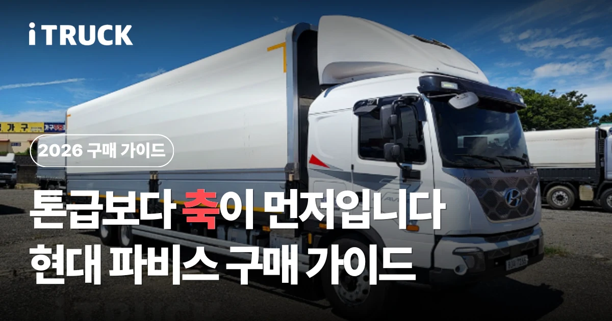 톤급보다 축이 먼저입니다, 현대 파비스 구매 가이드 문구가 얹힌 흰색 현대 파비스 윙바디 사진
