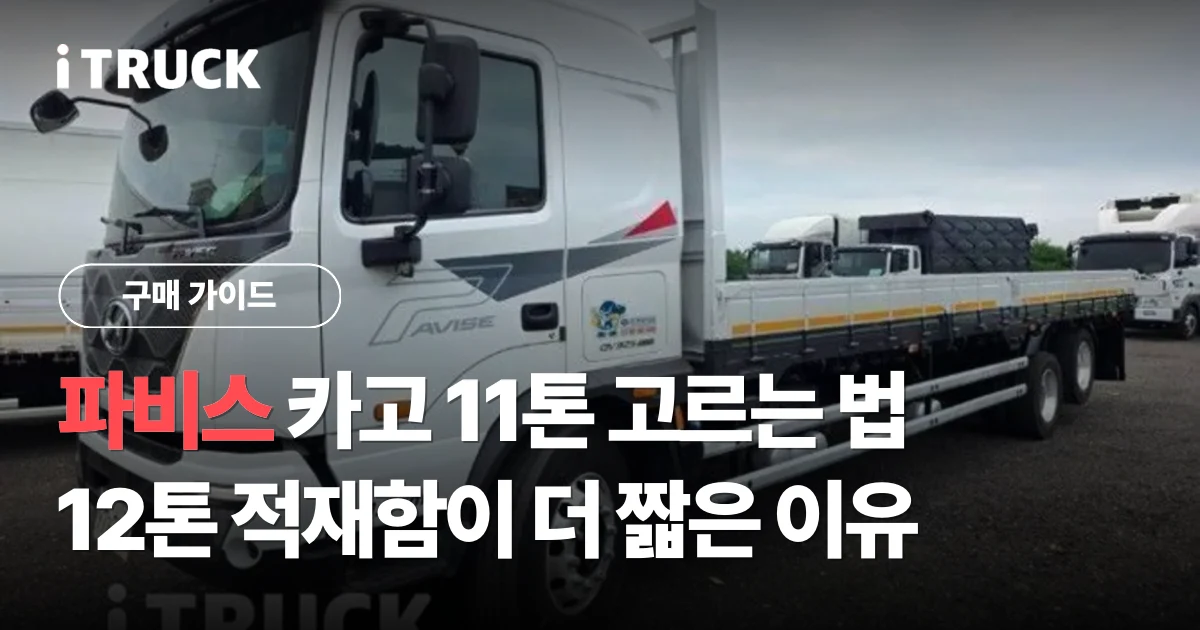 파비스 카고 11톤 고르는 법: 12톤 적재함이 더 짧은 이유 문구가 얹힌 흰색 현대 파비스 325 후축 카고 전측면 사진