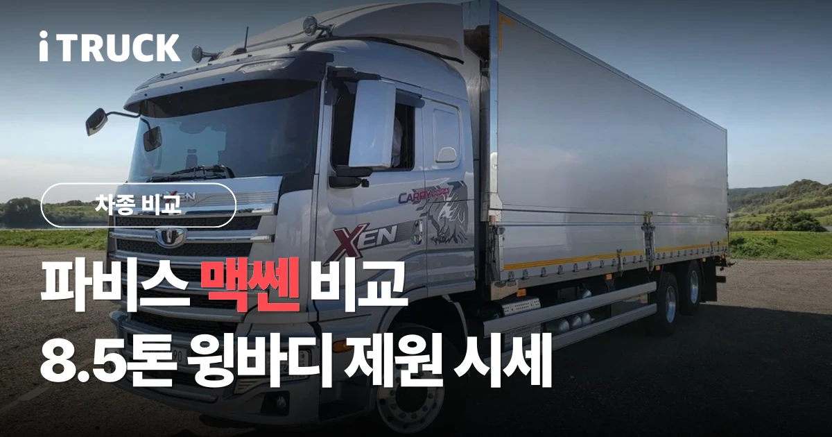 파비스 맥쎈 비교, 8.5톤 윙바디 제원 시세 문구가 얹힌 은색 타타대우 맥쎈 320 후축 윙바디 8.5톤 사진
