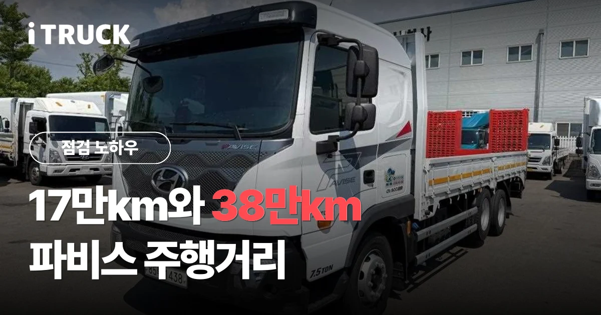 17만km와 38만km, 파비스 주행거리 문구가 얹힌 흰색 현대 파비스 7.5톤 카고 사진