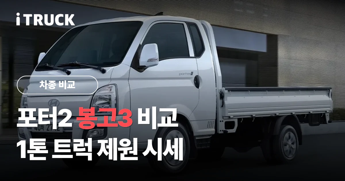 포터2 봉고3 비교, 1톤 트럭 제원 시세 문구가 얹힌 흰색 현대 포터2 1톤 카고 사진