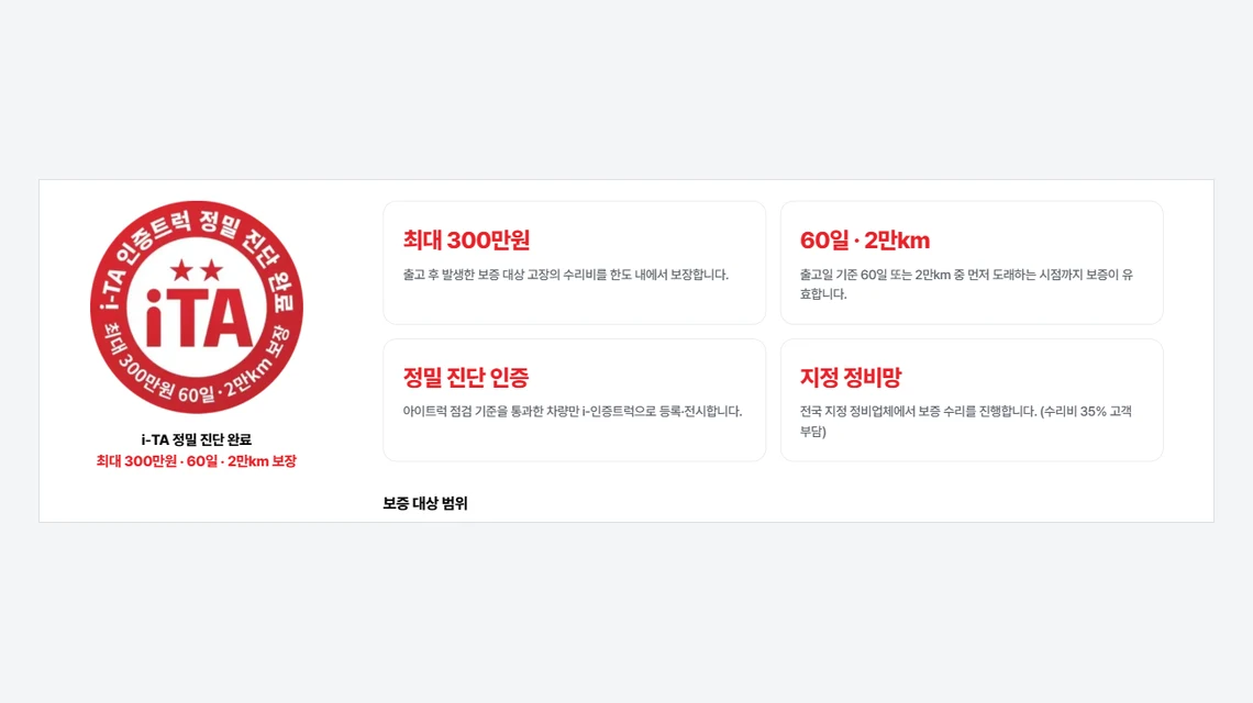 아이트럭 평택센터 i-인증트럭 안내, 최대 300만원과 60일 2만km, 정밀 진단 인증, 지정 정비망 네 가지 보장 내용이 정리된 화면