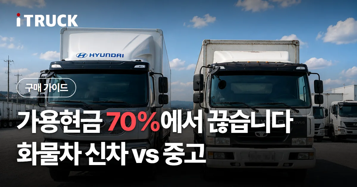 가용현금 70%에서 끊습니다, 화물차 신차 vs 중고 문구가 얹힌 현대 파비스와 타타대우 노부스를 나란히 세운 사진