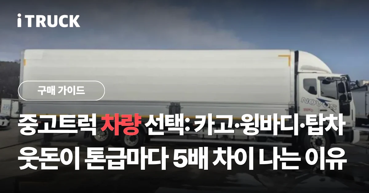 중고트럭 차량 선택: 카고·윙바디·탑차 웃돈이 톤급마다 5배 차이 나는 이유 문구가 얹힌 흰색 타타대우 노부스 윙바디 사진