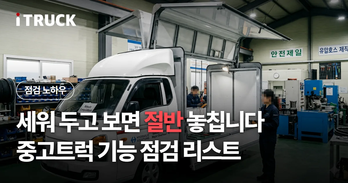 중고트럭 기능 점검 리스트: 눈이 아니라 작동으로 확인하는 방법 문구가 얹힌 정비소에서 윙을 열어 둔 1톤 윙바디 사진