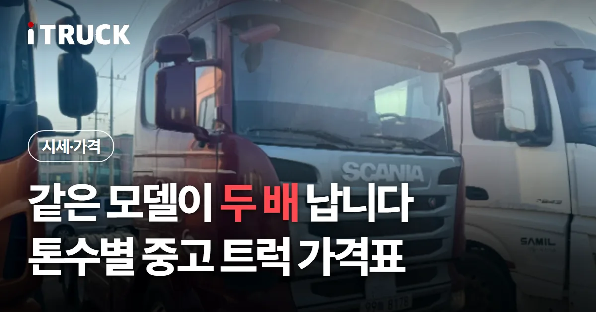 같은 모델이 두 배 납니다, 톤수별 중고 트럭 가격표 문구가 얹힌 스카니아 트랙터 두 대를 나란히 세운 사진