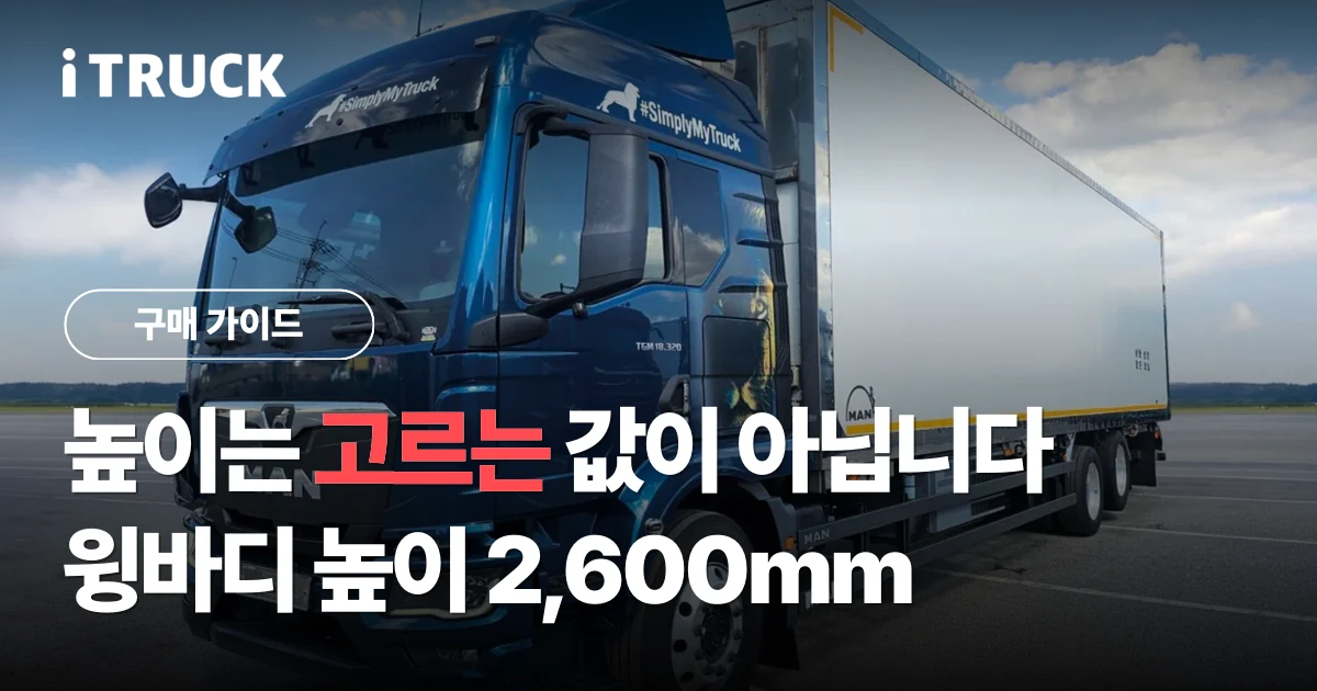 MAN(만) 트럭 TGM 신차 윙바디 높이: 한중특장 2,600mm 기준 비교 문구가 얹힌 남색 만 TGM 18.320 윙바디 사진