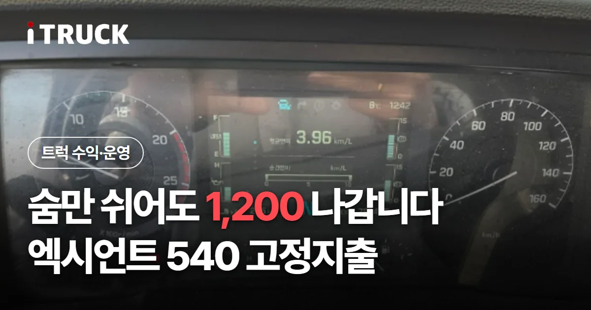 숨만 쉬어도 1,200 나갑니다, 엑시언트 540 고정지출 문구가 얹힌 평균연비 3.96km/L가 표시된 엑시언트 계기판 사진