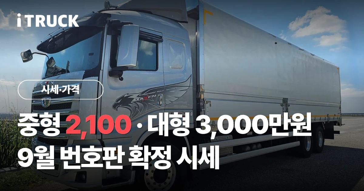 2026년 9월 영업용 번호판 확정 시세: 중형 2,100만원, 두 달 새 150만원 하락 문구가 얹힌 은색 타타대우 맥쎈 320 윙바디 사진