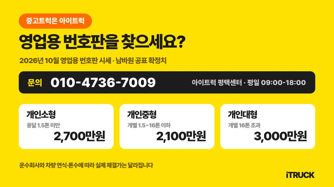2026년 10월 개인소형 2,700만원, 개인중형 2,100만원, 개인대형 3,000만원과 문의 전화 010-4736-7009가 적힌 아이트럭 영업용 번호판 시세 안내